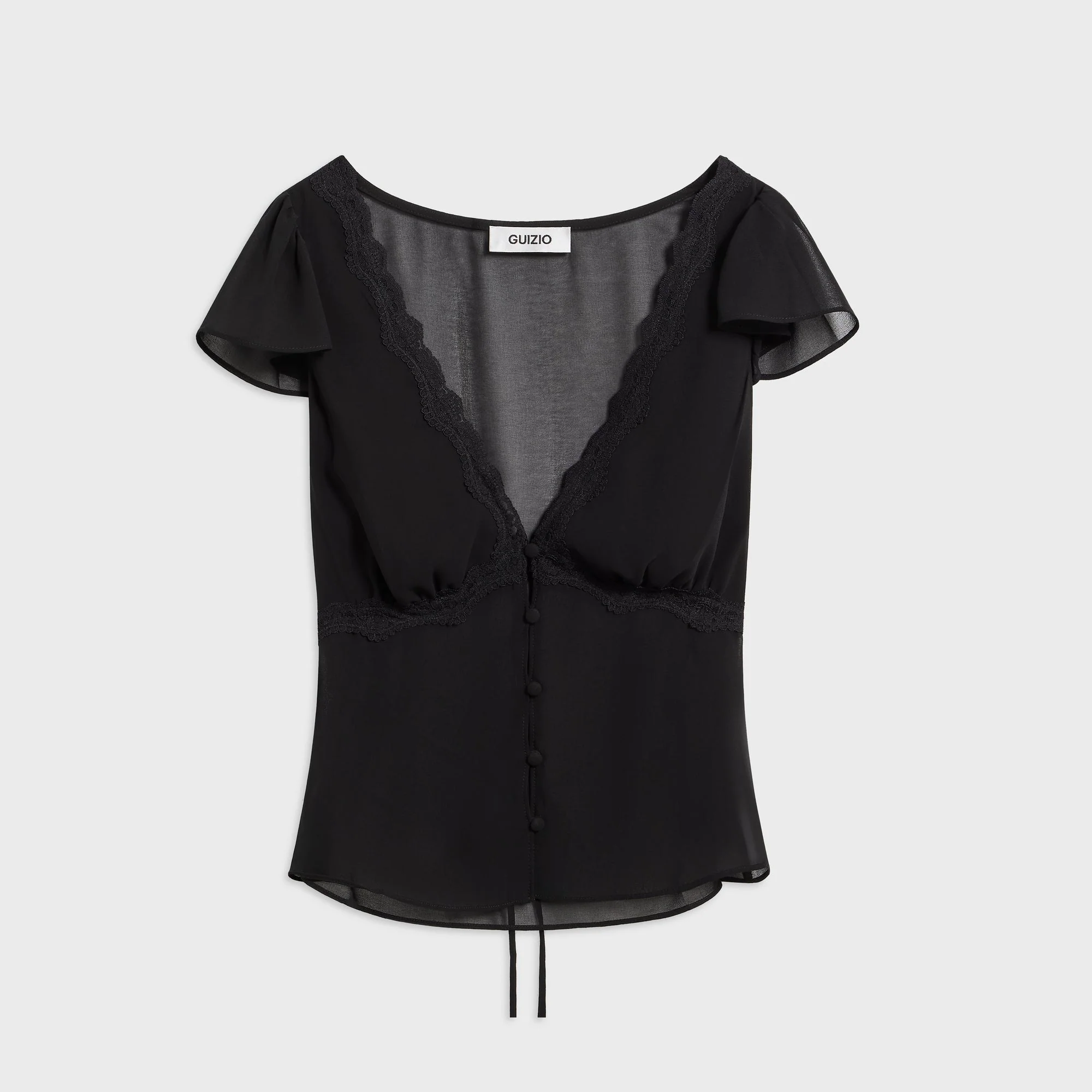 GUIZIO Ara Lace Trim V-Neck Top - Black
