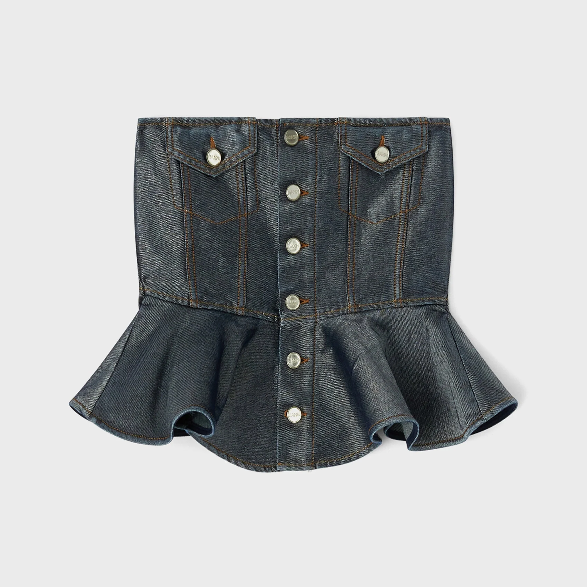 Ganni Shimmery Foil Denim Corsage Top - Washed Black