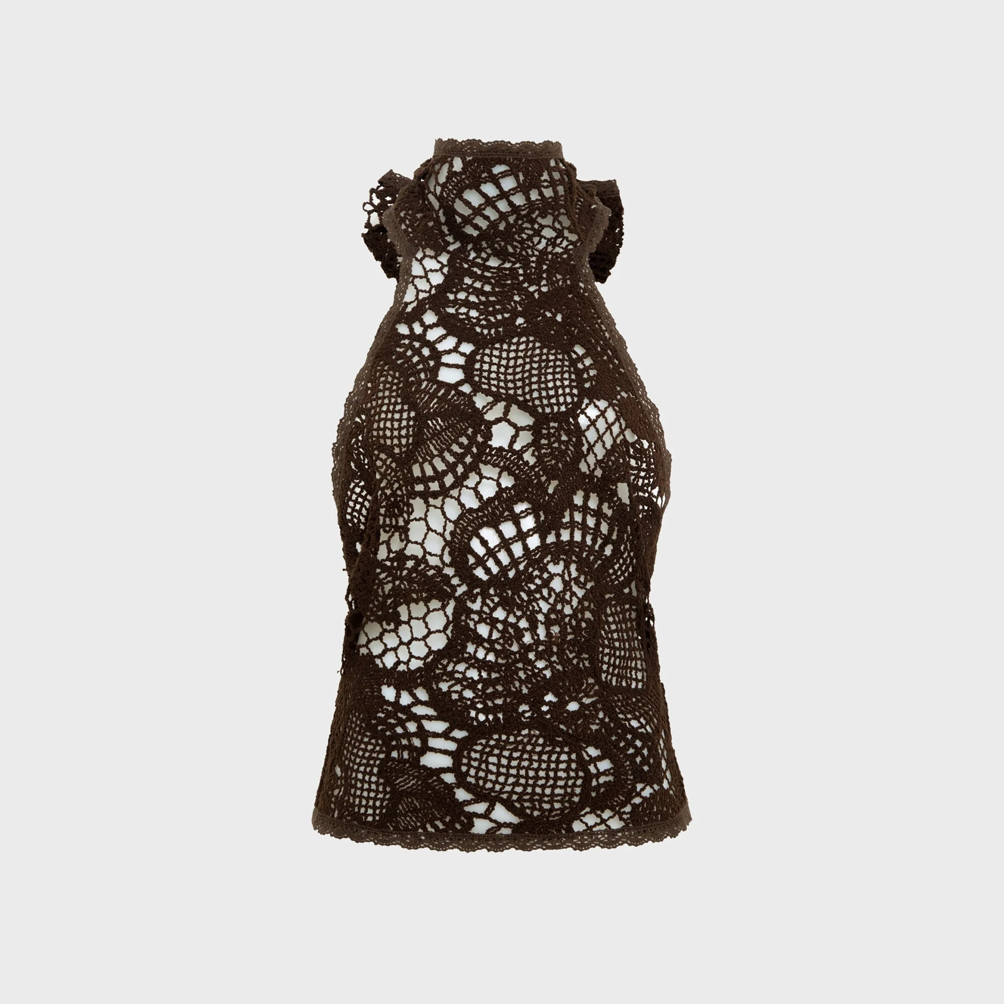 Siedres Indy Halterneck Crocheted Open Knit Texture Top - Brown