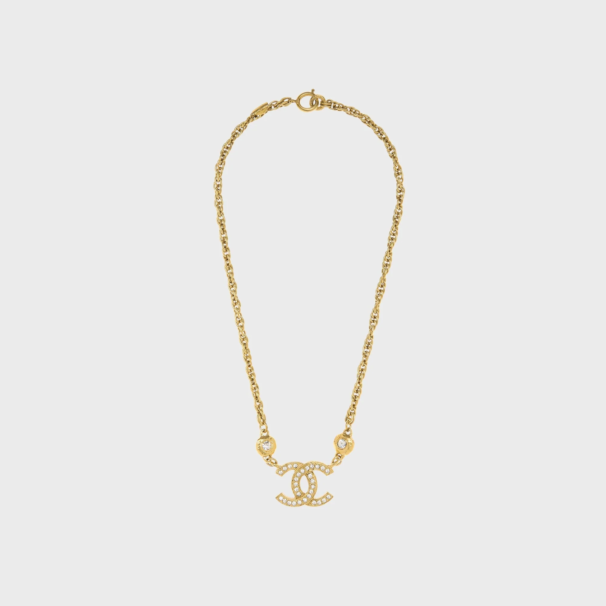 WGACA Chanel Crystal CC Logo Pendant Necklace - Gold